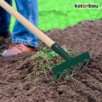 KOTARBAU® Tuinhark, Metalen Hark, 11,5 cm, Handhark met Houten Steel, 60 cm, Stevige Hark, voor Bloemenbedden, 6 Tanden, Ergonomisch, Compact Formaat, Groen, Staal