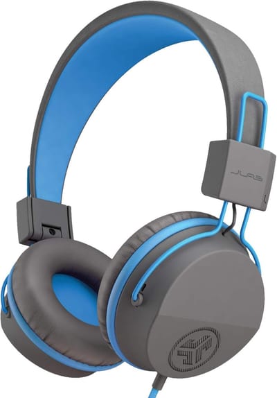 SnelShoppen - Kids Hoofdtelefoon, JBuddies Over Oor Bedraad Kindveilig met Volumebegrenzer, Ruisisolatie, Microfoon - Grijs/Blauw voor Kinderen, Onder