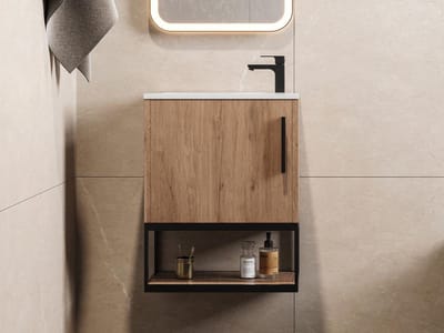 Vente-unique Hangend wastafelmeubel met nis en witte wasbak- 40 cm - Licht naturel - LOPENA