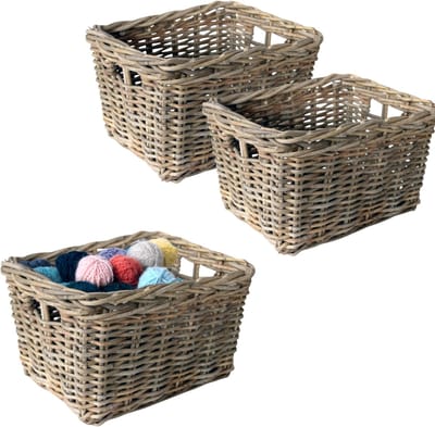 Van der Leeden Opbergmand - 3x - bruin - 34 x 24 x 20 cm - rotan - gevlochten riet - mand - opbergen