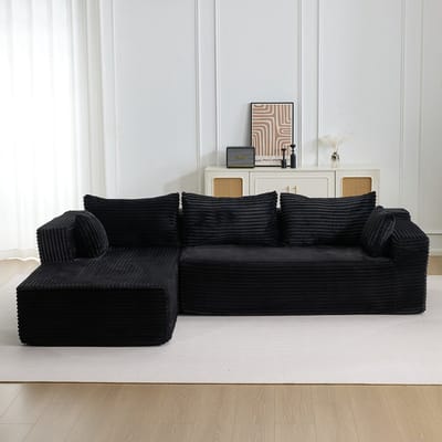 Komhtom Modulaire Bank met Chaise Longue - L-vormige Slaapbank - Corduroy Zwart - Diepe Zitting voor Woonkamer en Appartement