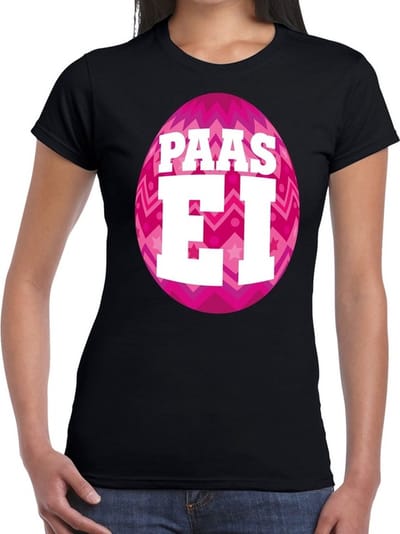 Zwart Paas t-shirt met roze paasei - Pasen shirt voor dames - Pasen kleding XS