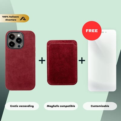 iPhone 14 Pro – Alcantara Case + MagSafe Wallet + Gratis Screenprotector | Ruby Red