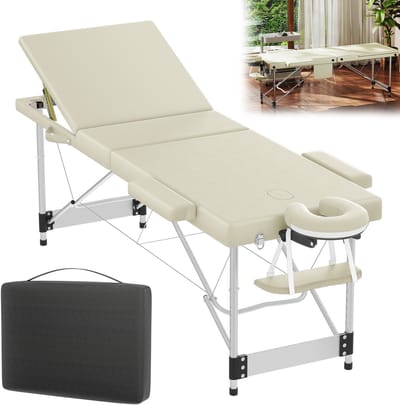 Beige mobiele massagetafel, opvouwbaar – 3 zones aluminium massagetafel in hoogte verstelbaar (8 standen) – Draagbaar massagebed met hoofdsteun, armleuningen en tas voor cosmetica, wellness en fysiotherapie