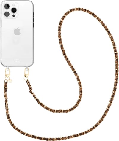 xoxo Wildhearts siliconen hoesje geschikt voor iPhone 16 Pro Max - Classic Chain - Leopard (lang koord) - Telefoonhoesje - Hoesje met koord - Schakelketting - Lang telefoonkoord - Luipaardprint met goud - Transparant hoesje