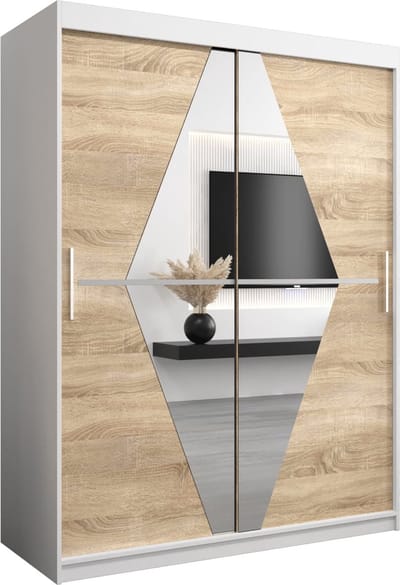 InspireMe - Kledingkast met 2 schuifdeuren, Modern-stijl, Een kledingkast met planken en een spiegel (BxHxD): 150x200x62 - BOLA 150 Wit Mat + Sonoma Eik
