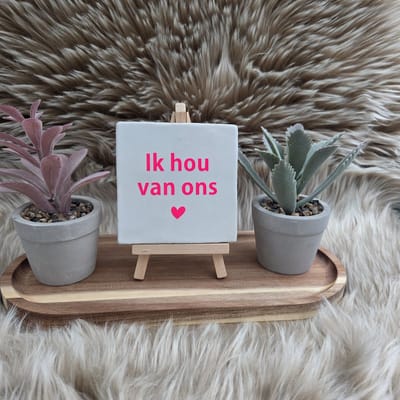 Robuust Wenstegeltje – Ik Hou van Ons – Hip trendy tegeltje – 10x10 cm – Cadeau voor Partner, Valentijn of Jubileum – Stijlvol en Persoonlijk Woonaccessoire - Zomaar - Voor jezelf - Deco – Trendy nu – Decoratief Tegeltje met Standaard – Cadeau Idee
