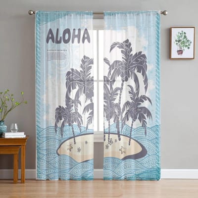 Hawaii Zee-eiland Tule Gordijnen voor Woonkamer Slaapkamer Transparant Gordijn voor Balkon Hal Mode Bedrukt Huis Draperieën 135W x 114H(cm) white