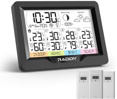 Draadloos Weerstation met 3 Buitensensoren, Thermometer en Luchtvochtigheidsmeting, Weersvoorspelling, DCF-Atoomklok