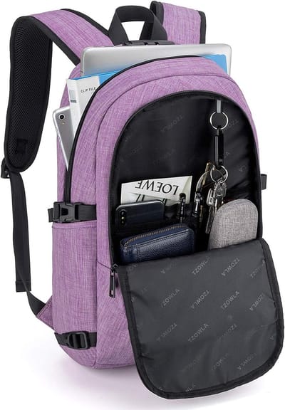 Famanu - Laptop Rugzak voor Heren,Waterdichte Antidiefstalrugzak voor School,Universiteit met USB-Oplaadpoort en Slot,14/15,6 inch Laptoptas voor Dames Jongens Meisje Vrijetijds Werk,Reisrugzak-Paars