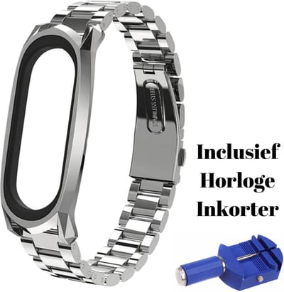 KELERINO. Metalen Schakel Bandje geschikt voor Xiaomi Mi Band 3 / 4 - Met Inkorter - Zilver
