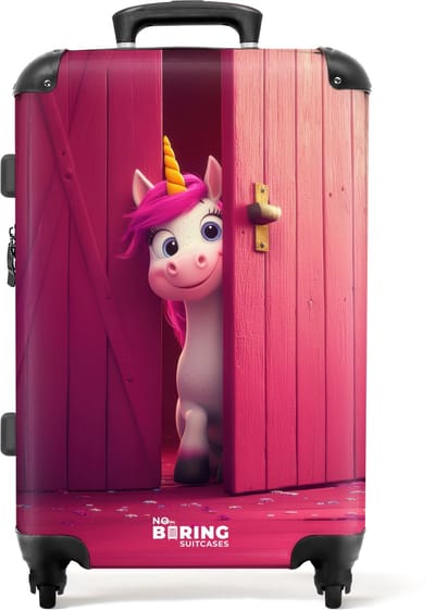 NoBoringSuitcases.com® - Kinderkoffer - Kindertrolley jongen en meisje - Eenhoorn met roze manen achter roze deur - Koffer kind groot - Rolkoffer lichtgewicht - Reiskoffer met 4 wielen - Grote trolley XL - 20 kg bagage