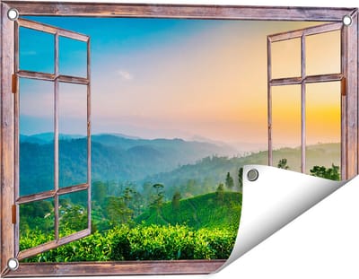 Gards Tuinposter Doorkijk Zonsondergang op een Thee Plantage - 60x40 cm - Tuindoek - Tuindecoratie - Wanddecoratie buiten - Tuinschilderij