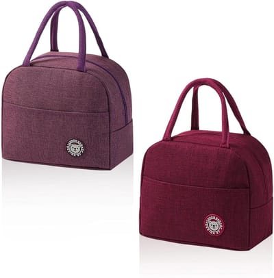 SnelShoppen - Mini Koeltas 2 Stuks, Wijnrood en Paars, Kleine Koeltassen met Zijvakken en Handvatten voor Kantoor, Familie en School