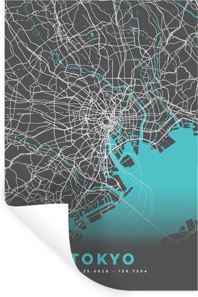 Muurstickers - Sticker Folie - Tokyo - Stadskaart - Blauw - Plattegrond - Kaart - 20x30 cm - Plakfolie - Muurstickers Kinderkamer - Zelfklevend Behang - Zelfklevend behangpapier - Stickerfolie