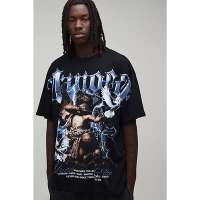 Oversized T-shirt Met Zichtbare Naden En Gothic Print | Black | Size XL