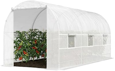 9m² tuintunnelkas - 445x200x200cm tunnelkas met deur en 6 ramen - PE-hoes met hoge dichtheid 140 g/m² - wit