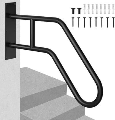 Metalen Leuning - Trapgreep Wandmontage - Veilig Traplopen - Antislip U-Vorm - 63 CM Lengte - Zwart