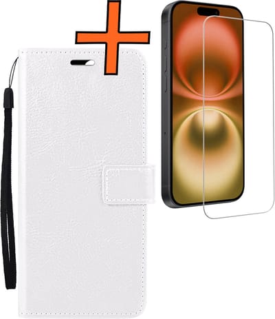 Hoes - Met Screenprotector - Geschikt voor Apple iPhone 16 - Luxe Pasjeshouder - Bookcase Portemonee - Flip Case - Kunstleer Book Case - Flipcase - Book Cover - Walletcase - PortemonneeHoes - Wit