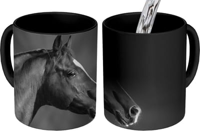 Magische Mok - Foto op Warmte Mokken - Koffiemok - Paard - Dieren - Zwart - Wit - Portret - Magic Mok - Beker - 350 ML - Theemok
