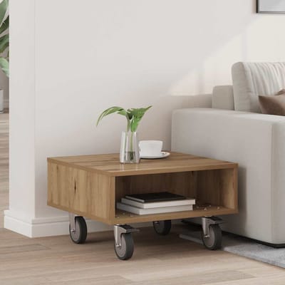 vidaXL - Bijzettafel - met - wielen - Artisan - Eiken - 50,5 - x - 50 - x - 30 - cm