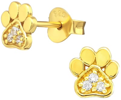 Joy|S - Zilveren kat hond dierenpoot oorbellen - 6 mm massief - zirkonia - poot afdruk - gold plated - goudkleur