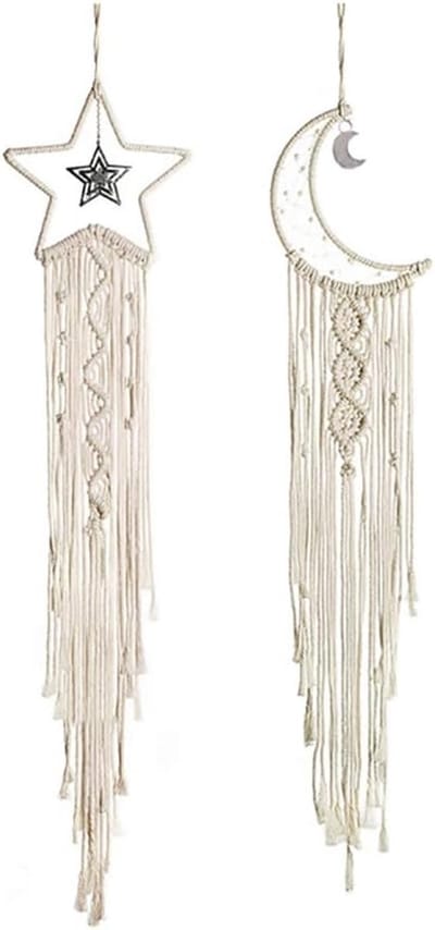 Dromenvanger - 2-delige set - Vormen van ster en maan - Boho-woondecoratie - Wanddecoratie - Muurkunst - Handgeweven ornament - Dromenvanger-wandhanger - Prachtige decoratie voor appartementen, studentenkamers of deuropeningen - Wit