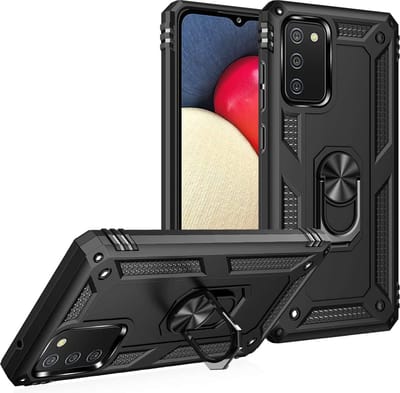 Ring Armor hoesje Geschikt voor Samsung Galaxy A02s / A03s - Zwart - Draaibare standaard - Magneet - ZT Accessoires