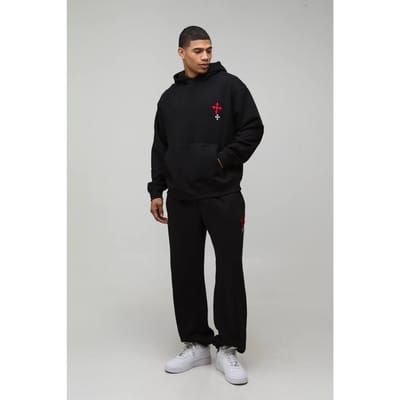 Oversized Geborduurde Kruis Hooded Trainingspak | Black | Size Small