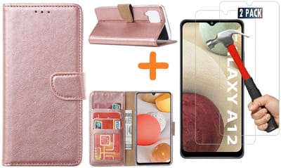 Hoesje Geschikt Voor Samsung Galaxy A12 hoesje wallet case Rose Goud - Galaxy A12 hoesje bookcase Portemonnee- Galaxy A12 Hoesje book cover hoesjes met 2 pack Screenprotector
