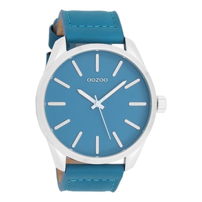 OOZOO Timepieces - Zilverkleurige horloge met blauwe leren band - C10321