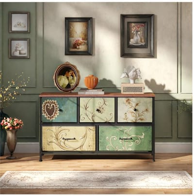 Linkforu - Vintage Kast met 5 Gestoffeerde Lades - TV-Kast - Dressoir - Ladekast - Metalen Frame - Kleding - Speelgoed - 100x54x30cm