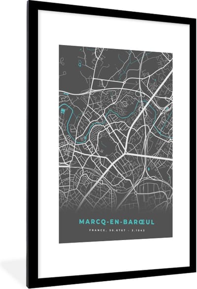 Fotolijst incl. Poster - Marcq-en-Barœul - Stadskaart - Kaart - Plattegrond - Frankrijk - 60x90 cm - Posterlijst