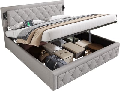 Wishdor - Opbergbed - Met USB En Verlichting - Hydraulisch - Modern - Linnen - Grijs