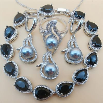 Sieraden Parel Set Vierdelig Zoetwater Parel Europese en Amerikaanse Stijl AAA Haoshi Ring size 8 gray
