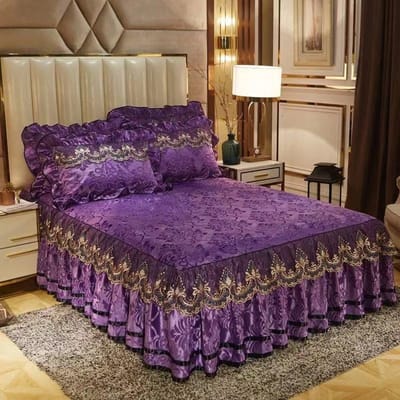 1 stuks Bedrok + 2 stuks Kussensloop, Luxe Embossing Velvet Sprei King Queen Size Romantiek Borduurwerk Kant Korte Pluche Bedrok 3pcs Design 120x200