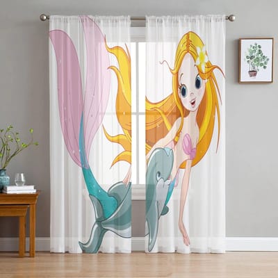 Zeemeermin Dolfijn Cartoon Tule Gordijnen Balkonkamer Mode Bedrukt Transparant Gordijn Woonkamer Raam Moderne Decoratie 135W x 114H(cm) white