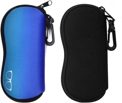 Set van 2 Waterdichte Zonnebril Etuis, Neopreen Brilzak met Ritssluiting, Lichtgewicht en Beschermend met Carabiner Haak voor Mannen en Vrouwen (Zwart, Blauw)