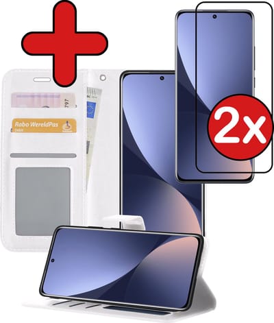 Hoesje - Met 2x Screenprotector - Geschikt voor Xiaomi 12 - Luxe Pasjeshouder - Flip Case - Bookcase Portemonee - Kunstleer Book Case - Flipcase Hoes - Book Cover - Walletcase - Portemonneehoes - Telefoonhoes - Wit