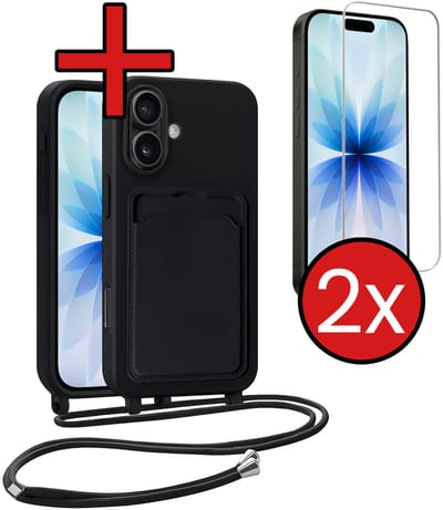 Hoesje Geschikt voor iPhone 17 Hoesje Met Telefoonkoord en Pasjeshouder Met 2x Screenprotector Siliconen - Hoes Geschikt voor iPhone 17 Hoesje Met Kaarthouder Case - Zwart