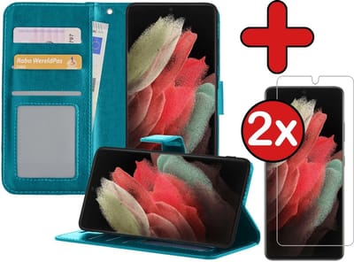 Hoesje - Met 2x Screenprotector - Geschikt voor Samsung Galaxy S21 Ultra - Luxe Pasjeshouder - Flip Case - Bookcase Portemonee - Kunstleer Book Case - Flipcase Hoes - Book Cover - Walletcase - Portemonneehoes - Telefoonhoes - Turquoise