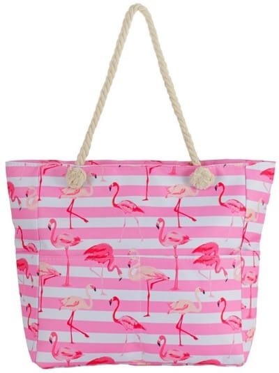 Een vrolijke strandtas met een print van een flamingo (51x39x13cm) gevoerd en afsluitbaar met een rits aan de binnenkant. Een handige tas om veel in mee te kunnen nemen. Afgewerkt met twee handvaten van gedraaid touw. Voor uzelf of als Cadeau.