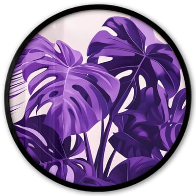 Poster in lijst Rond - Fotolijst 40x40 cm - Posters - Bladeren - Paars - Tropisch - Abstract - Ronde posterlijst zwart - Decoratie - Wanddecoratie woonkamer - Muurdecoratie slaapkamer