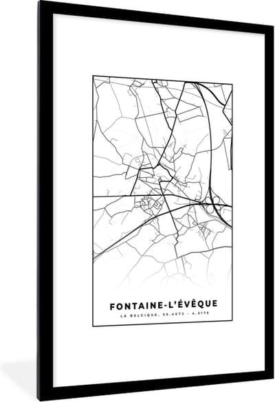 Fotolijst incl. Poster Zwart Wit- België – Fontaine l'Évêque – Stadskaart – Kaart – Zwart Wit – Plattegrond - 80x120 cm - Posterlijst