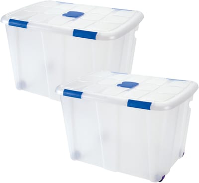 Plasticforte Opslagbox - 2x stuks - met deksel - 130L - 74 x 54 x 48 cm - transparant - opbergbak - met wielen