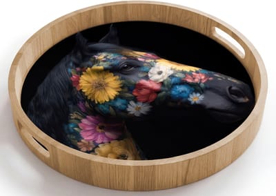 Dienblad rond 40x40 cm - Schootdienblad hout - Paard - Bloemen - Zwart - Borrelplank rechthoek - Plateau houten dienbladen