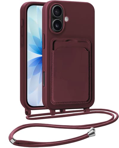 Hoesje Geschikt voor iPhone 17 Hoesje Met Telefoonkoord en Pasjeshouder Siliconen - Hoes Geschikt voor iPhone 17 Hoesje Met Kaarthouder Case - Aubergine