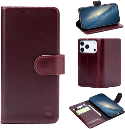 Casemania Echt Leren Hoesje Geschikt voor Apple iPhone 17 Pro - Maroon Red - Leer Book Cover - Portemonnee Telefoonhoesje met Pasjeshouder