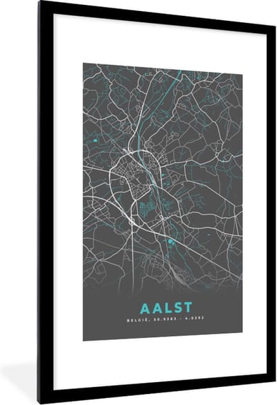 Fotolijst incl. Poster - Plattegrond – Aalst – Blauw – Stadskaart - Kaart - 80x120 cm - Posterlijst