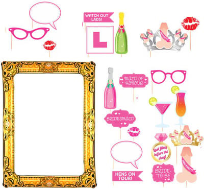 Henbrandt Foto props set met frame - vrijgezellenfeestje - 21-delig - photo booth - goud - party - met fotolijst